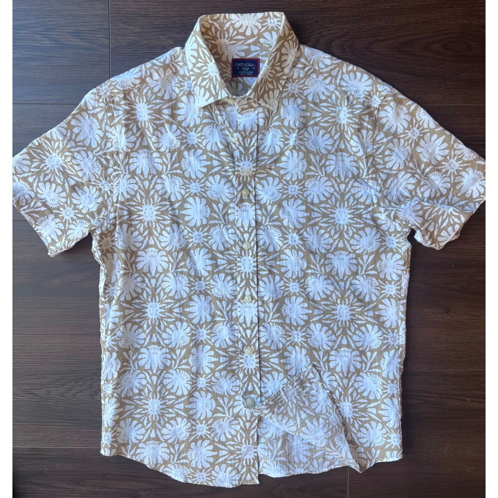 UNTUCKit Lombardo SS Tan White Floral Linen Cotton Slim Fit Shirt Small 41143